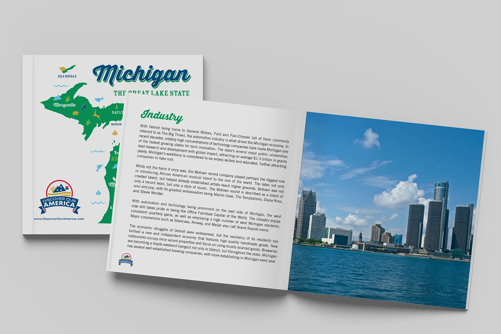 Open book giving information about Michigan